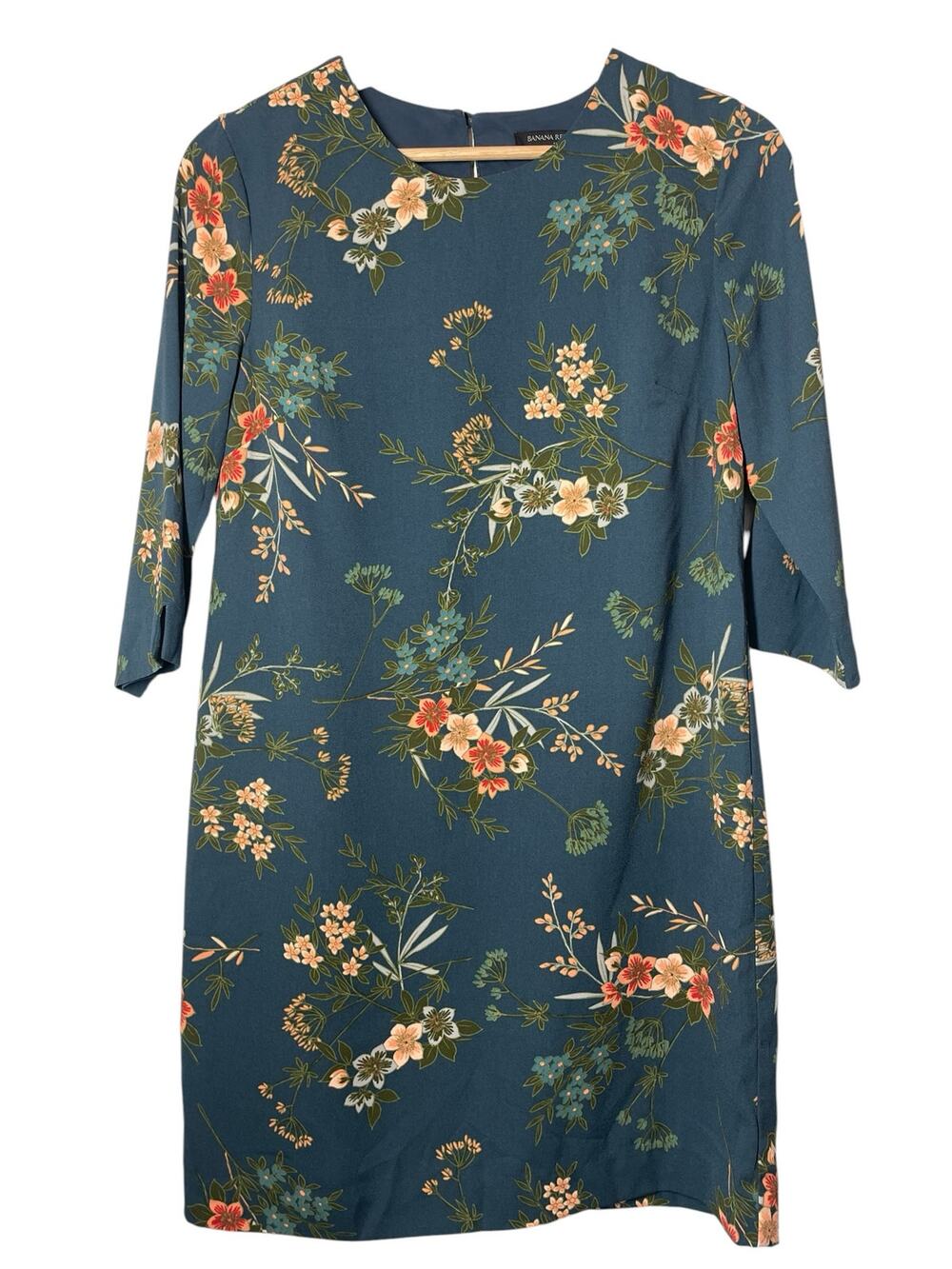 Banana REpublic Dress 3/4 Sleeve Sheath Shift Forest Green Peach Floral Size 2